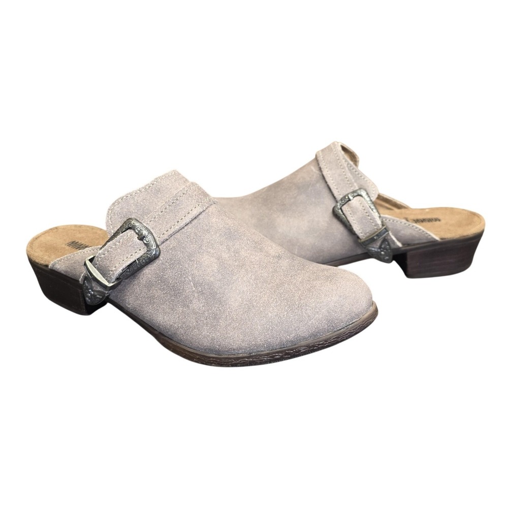 Minnetonka 1543 Mule Clog Shoes Women 8 Beige Leather Buckle Slip On Comfort